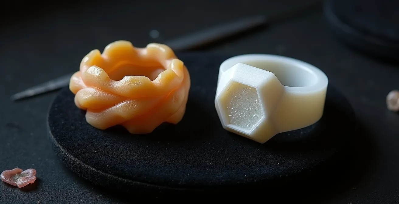 Comparaison côte à côte d'un prototype de bague en cire sculptée à la main et d'un prototype imprimé en 3D dans un atelier belge