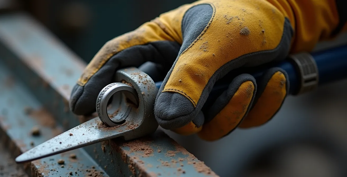 Gros plan sur une main d'ouvrier portant une alliance en titane lors de travaux manuels