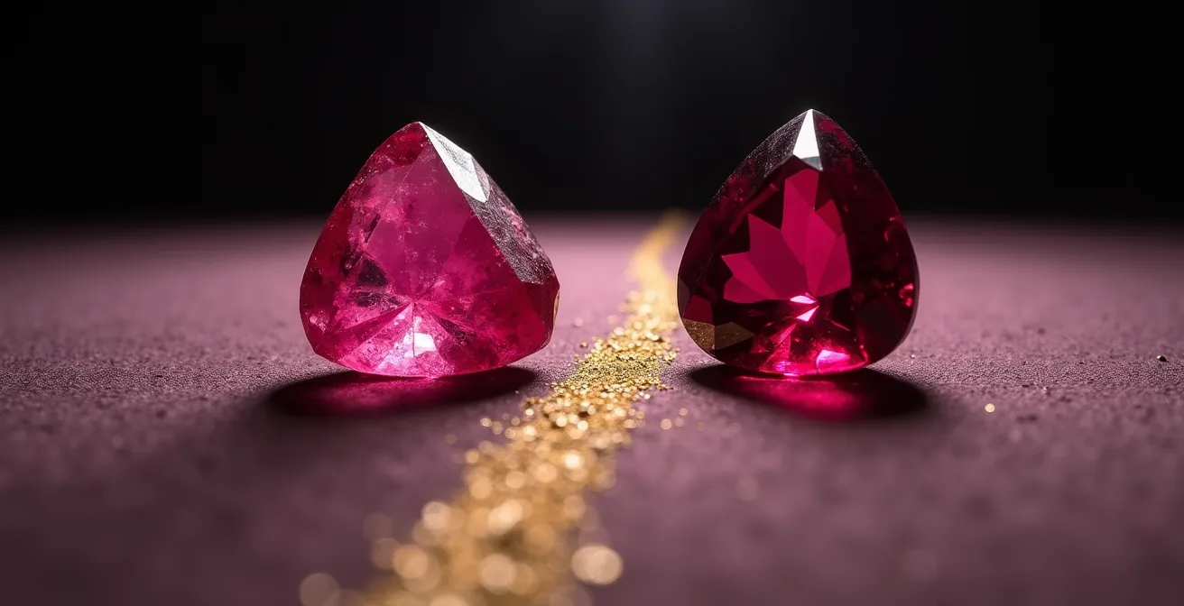 Comparaison visuelle entre un rubis du Mozambique et un rubis birman sang de pigeon