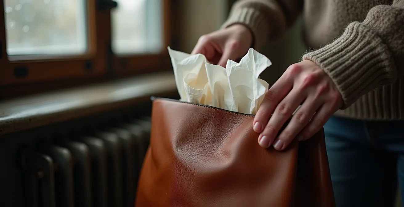 Sac en cuir séchant naturellement sur un support en bois dans un intérieur belge typique, loin de toute source de chaleur.