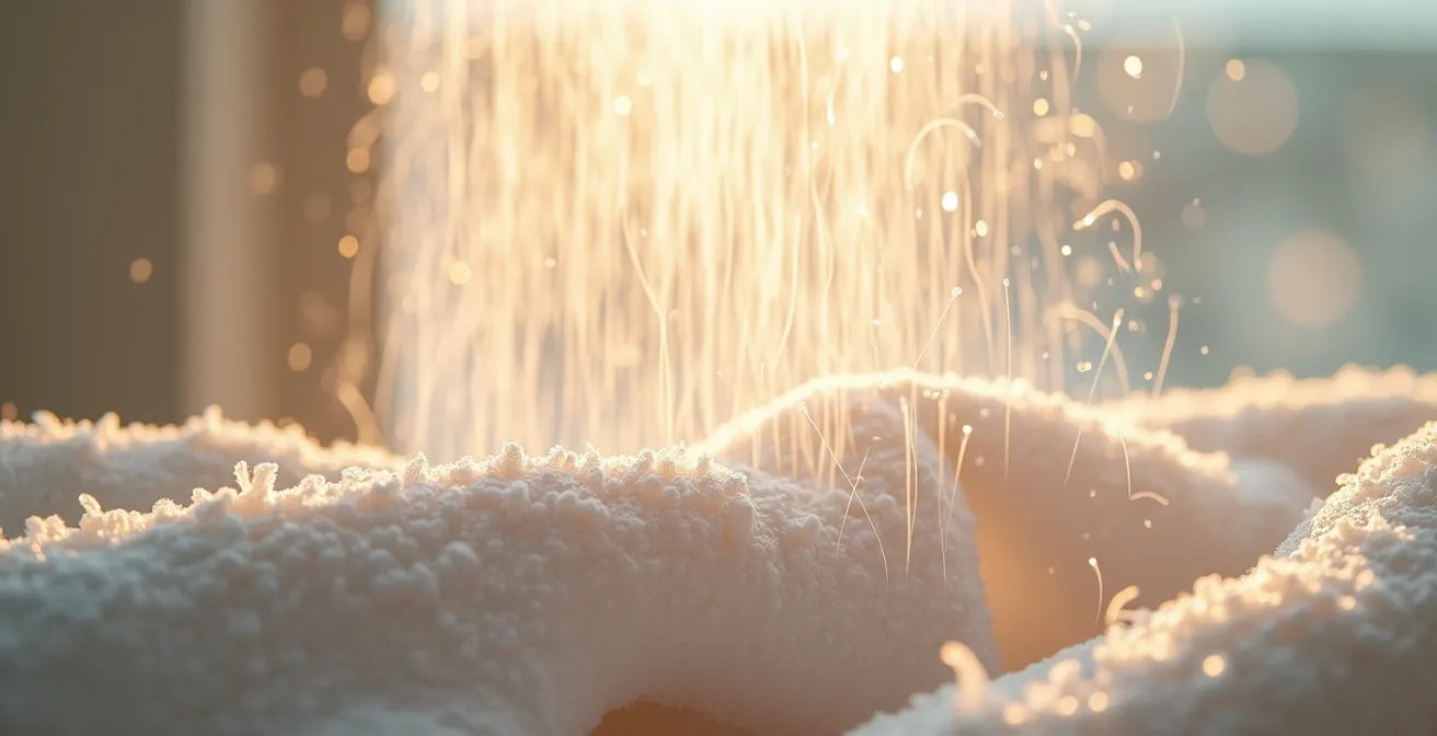 Gros plan sur une mèche de cheveux enveloppée de vapeur avec serviette chaude en arrière-plan