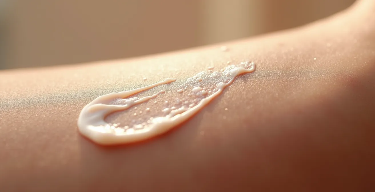 Gros plan macro sur la texture de la peau du coude avec application de crème hydratante