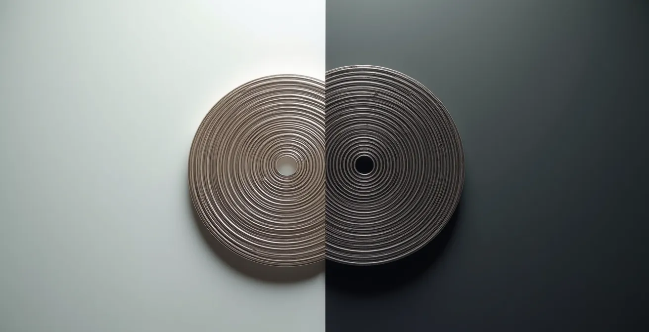 Spiral de montre magnétisé avec ses spires collées photographié au microscope