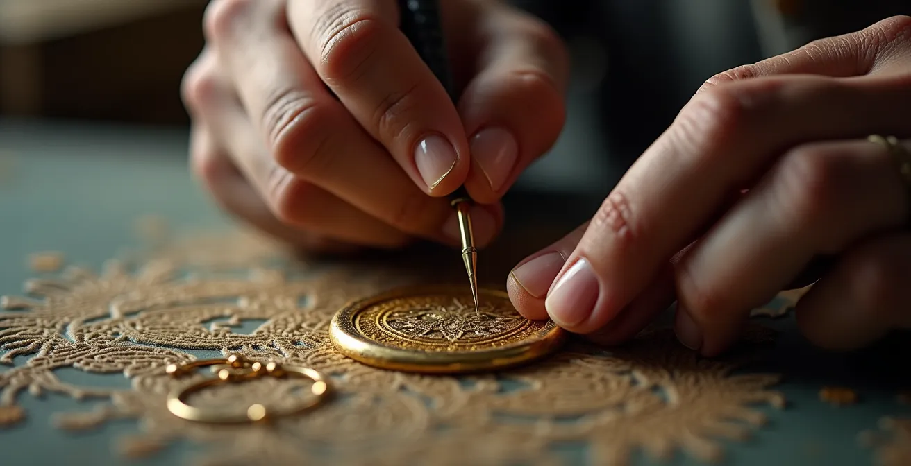 Gros plan sur des pendentifs symboliques gravés à la main par un artisan