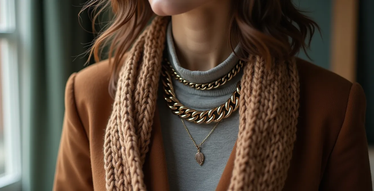 Démonstration élégante de superposition d'un collier long avec une écharpe volumineuse