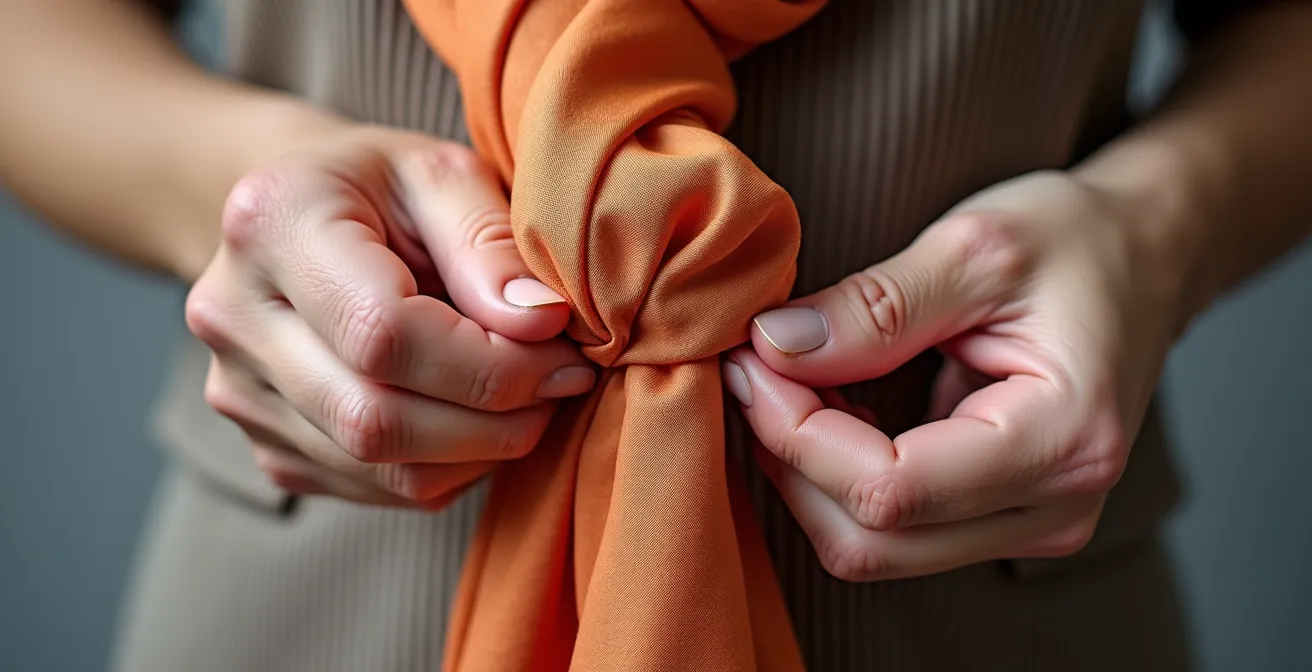 Démonstration de la technique de nœud autobloquant pour foulard en soie sans utiliser d'épingles