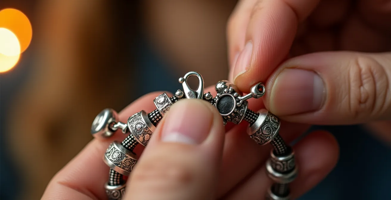 Détails de fixation sécurisée d'un charm sur bracelet avec chaîne de sécurité