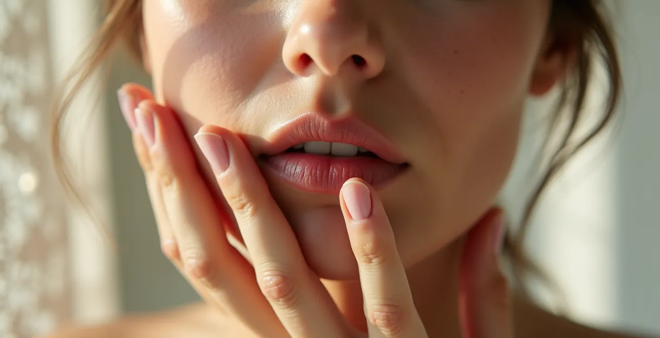 Gros plan d'une main testant délicatement la texture de la peau du visage