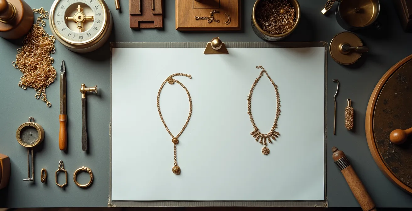 Vue aérienne minimaliste d'un établi de joaillier avec vieil or familial et nouveau design de collier