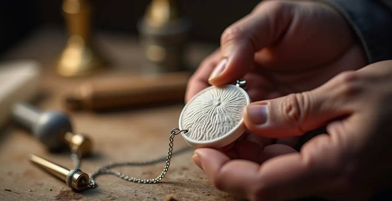 Gros plan sur les mains d'un artisan joaillier manipulant un prototype en cire d'un collier à côté de son rendu 3D