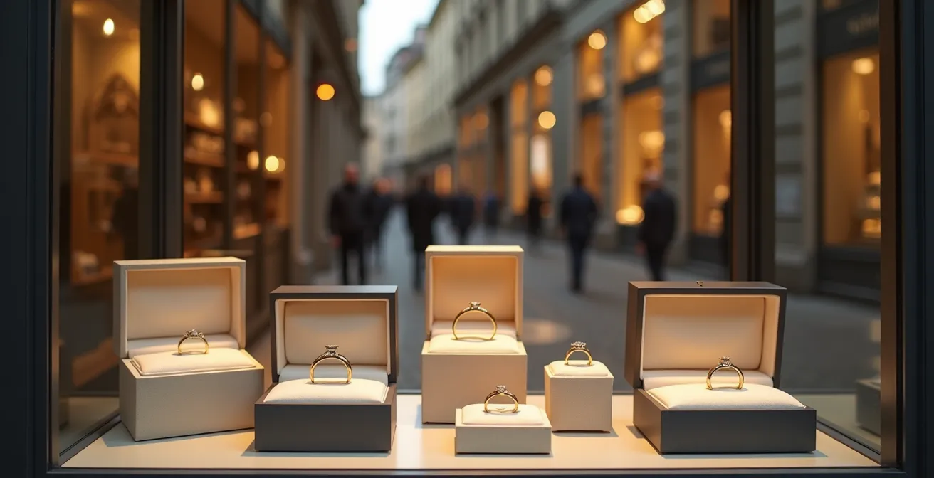 Vitrine de bijouterie belge pendant les soldes avec reflets dorés et alliances exposées sur présentoirs élégants